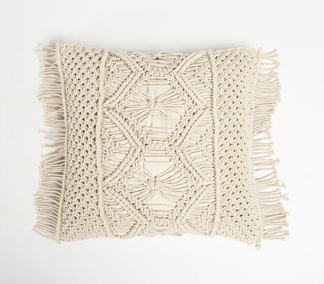 Hand Knotted Macrame Cotton Cushion Cover with Fringes